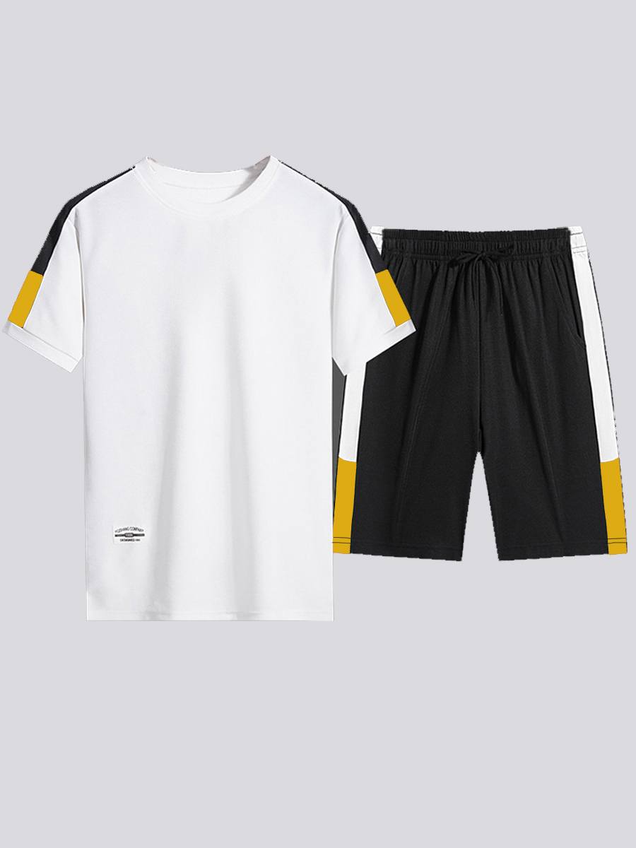 

Lovely Men Sporty O Neck Color-lump White Two Piece Shorts Set