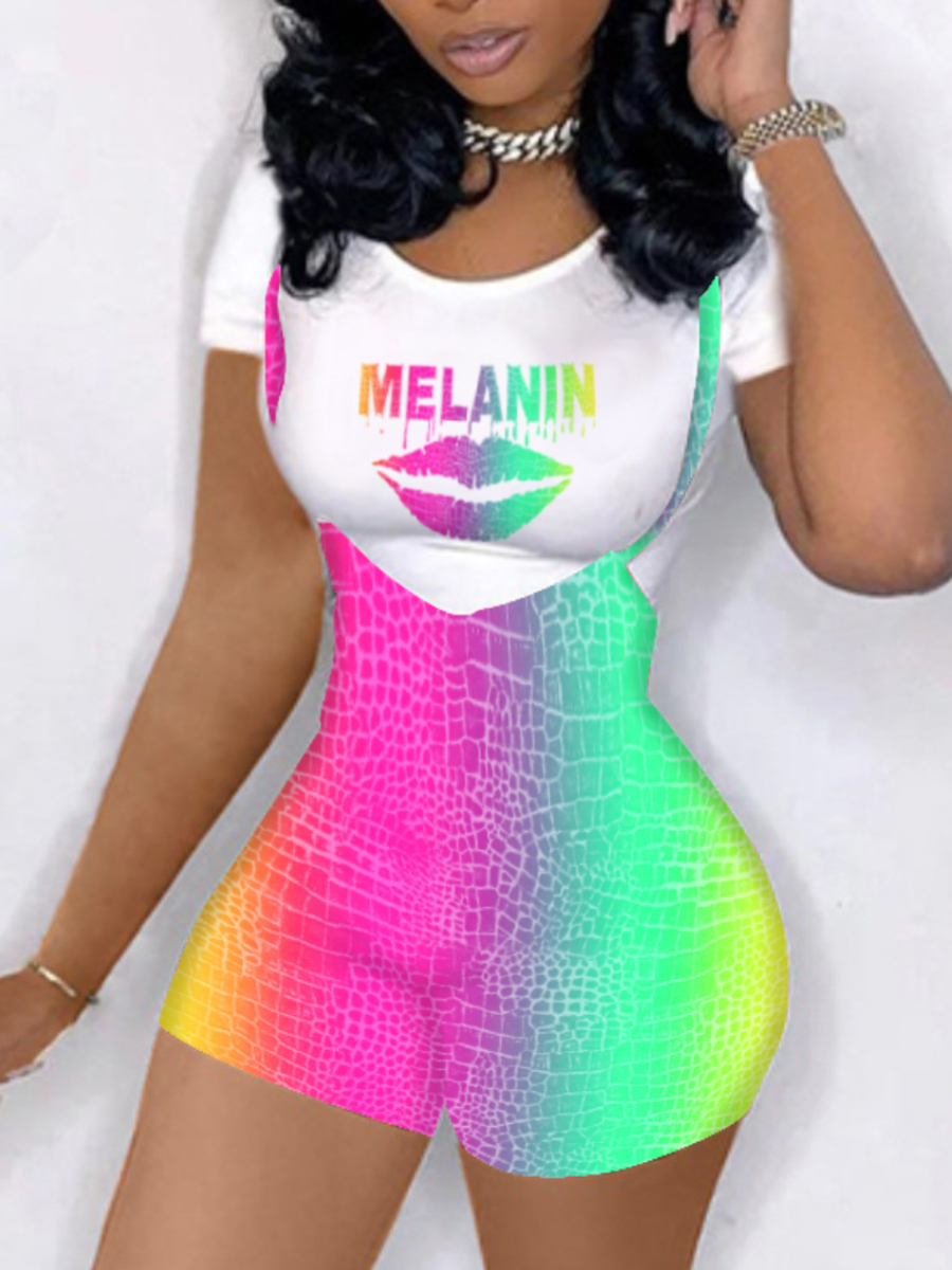 

LW Casual Letter Print Gradient Overalls White Two Piece Shorts Set