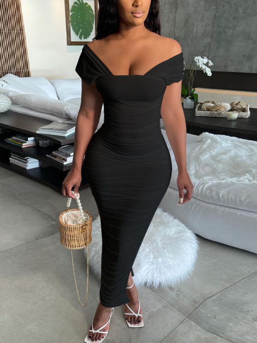 

Lovely Sweet Ruched Split Black Ankle Length Dress