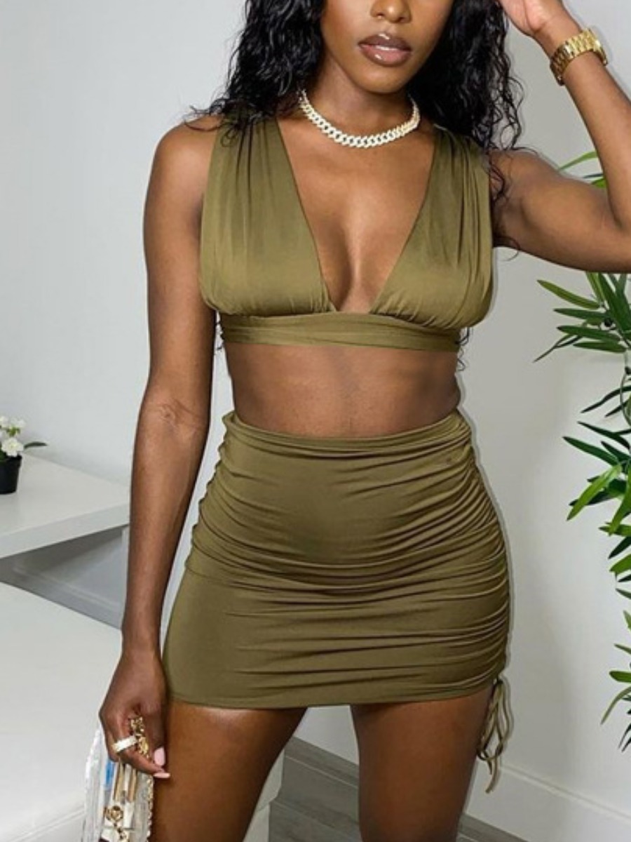 

Lovely Sexy V Neck Drawstring Green Two Piece Skirt Set