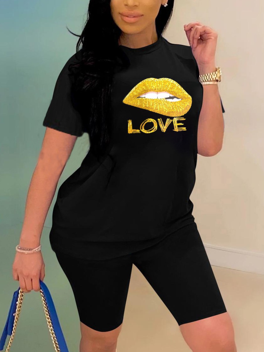 

Lovely Casual Lip Letter Print Black Two Piece Shorts Set