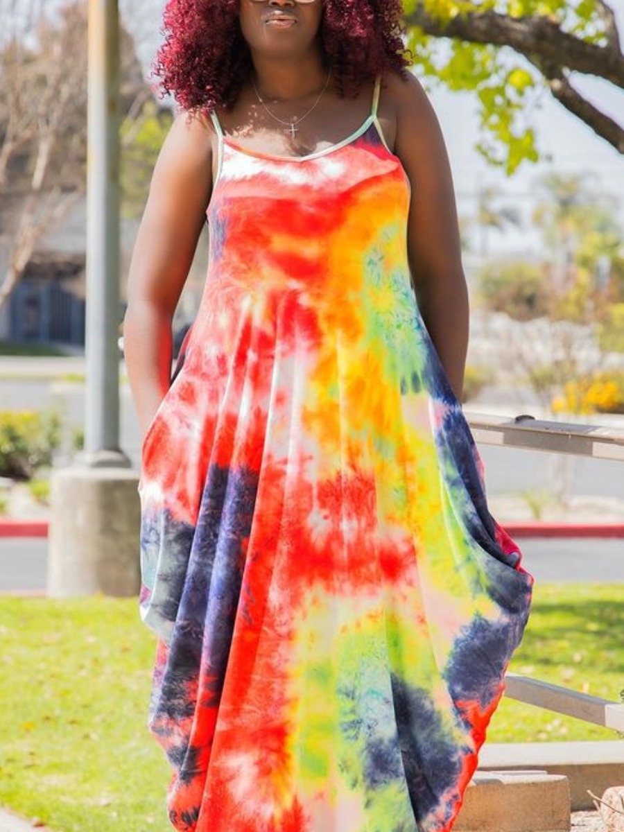 

Lovely Boho Tie-dye Backless Fold Design Red Floor Length Dress