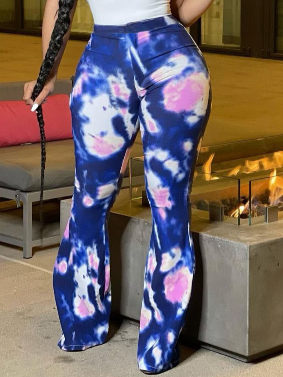 

Lovely Street Mid Waist Tie-dye Blue Pants