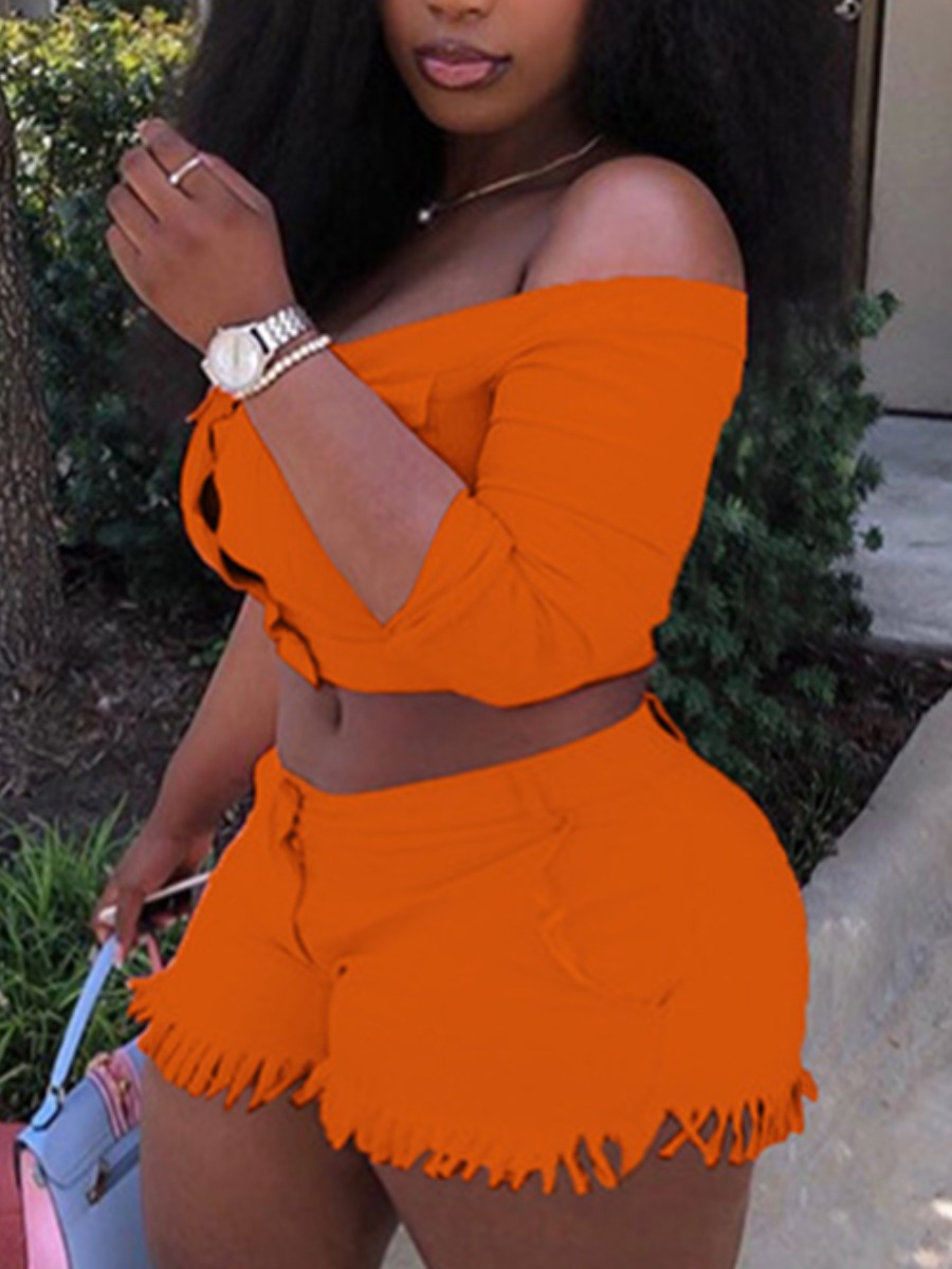 

Lovely Plus Size Casual Off The Shoulder Raw Edge Croci Two-piece Shorts Set