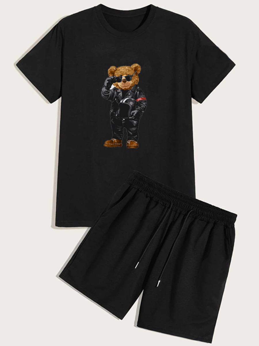

LW Men Casual Cartoon Print Drawstring Black Two Piece Shorts Set