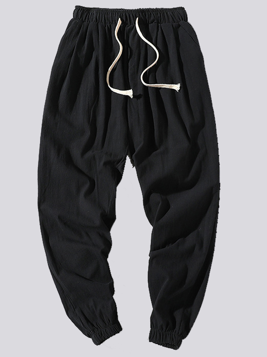 

Lovely Men Casual Mid Waist Drawstring Black Pants