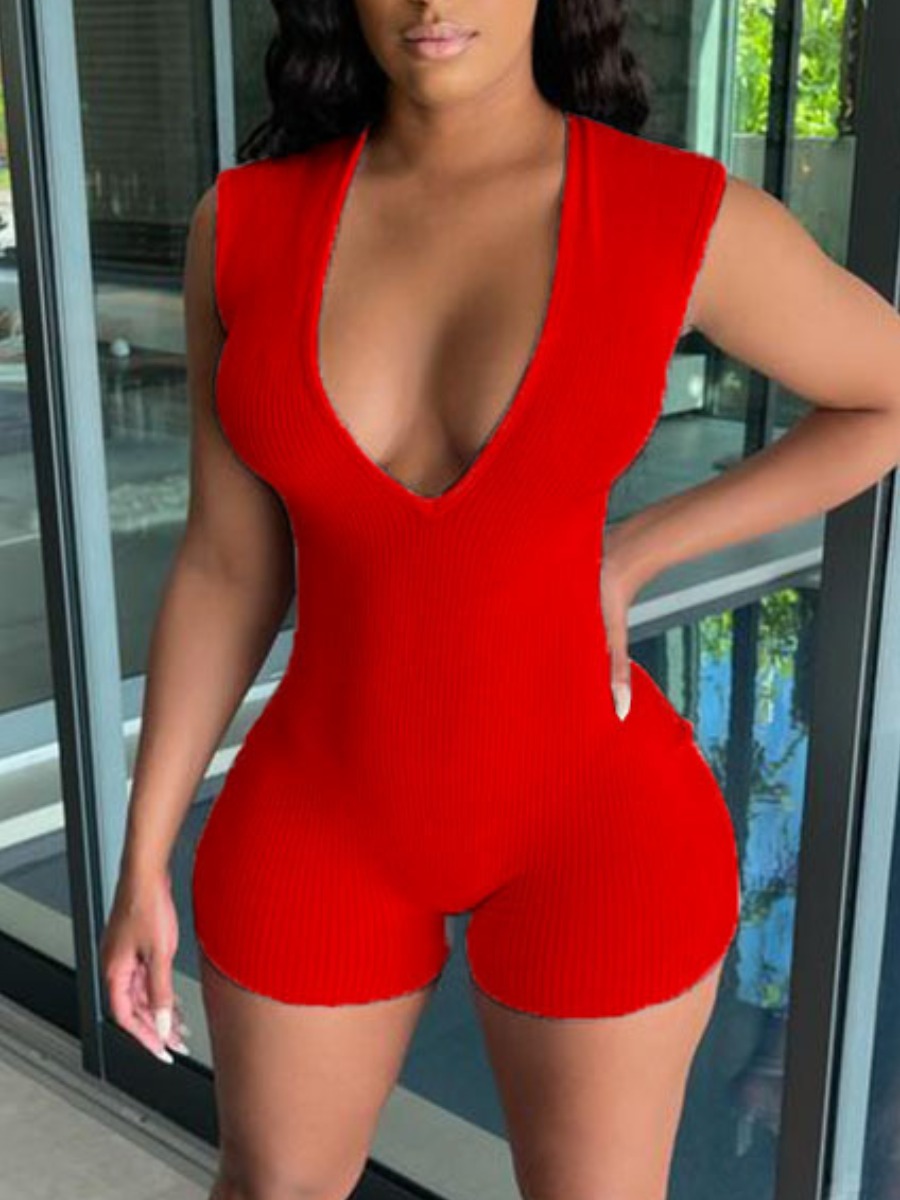 

Lovely Casual V Neck Basic Skinny Red One-piece Romper