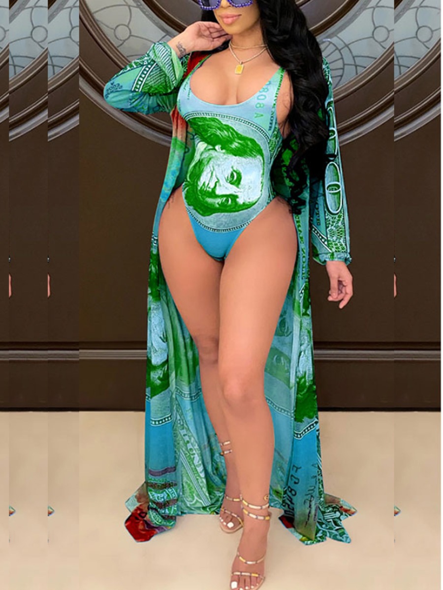 

Lovely Boho U Neck Portrait Print Green One-piece Swimsuit(With Cover-up)