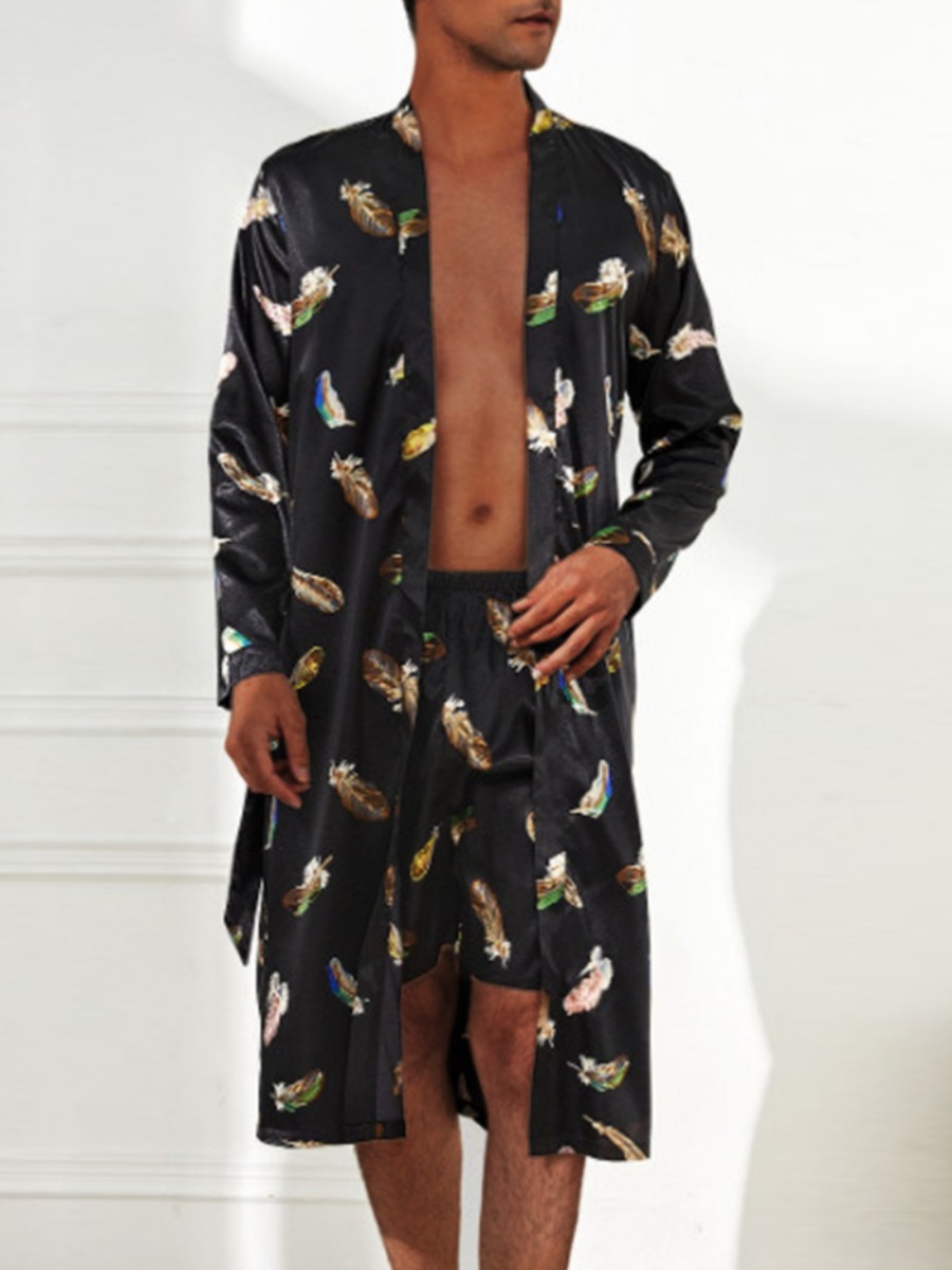 

Lovely Men Casual Feather Print Patchwork Black Two Piece Shorts Set