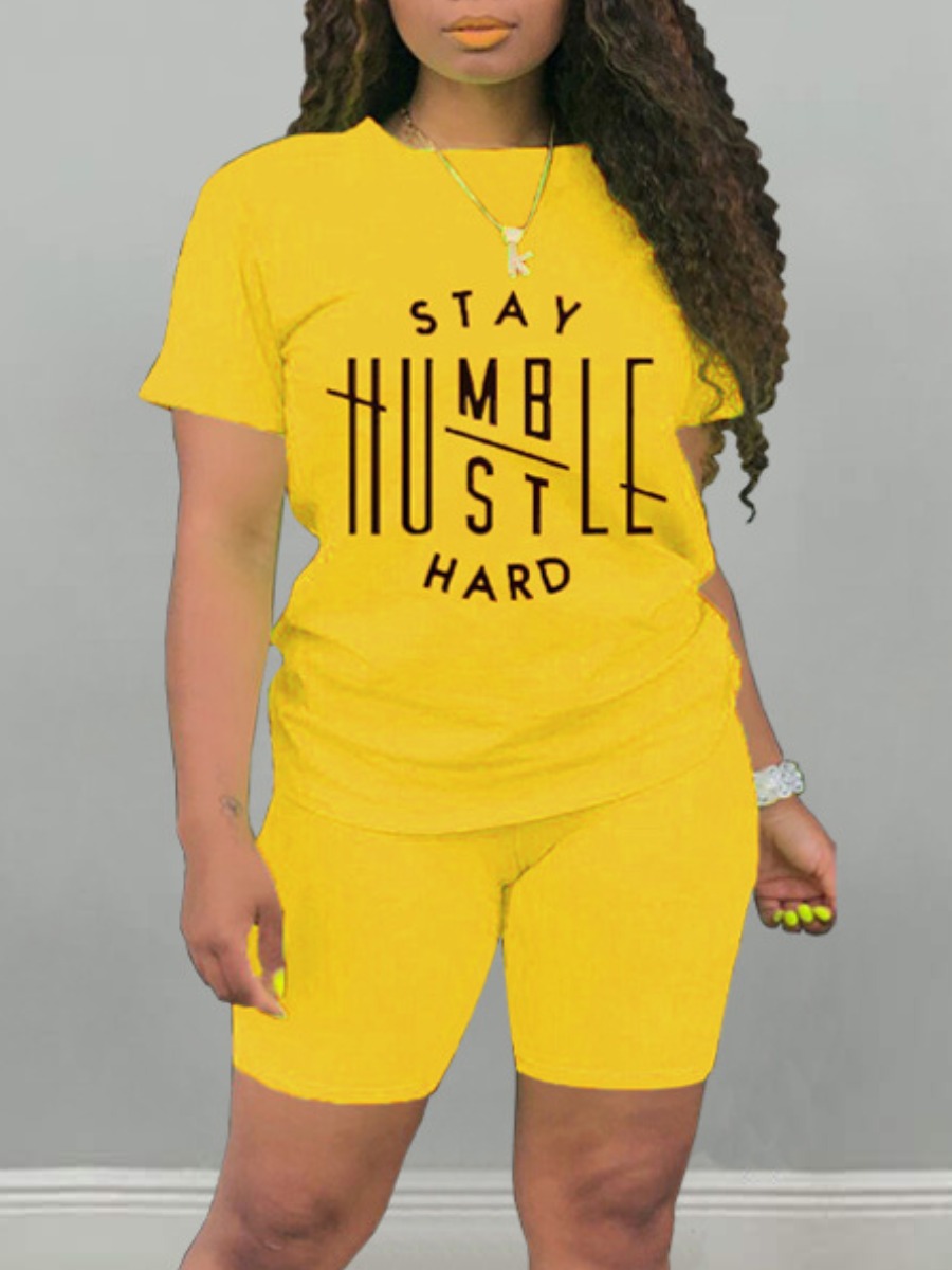 

Lovely Casual O Neck Letter Print Yellow Two Piece Shorts Set