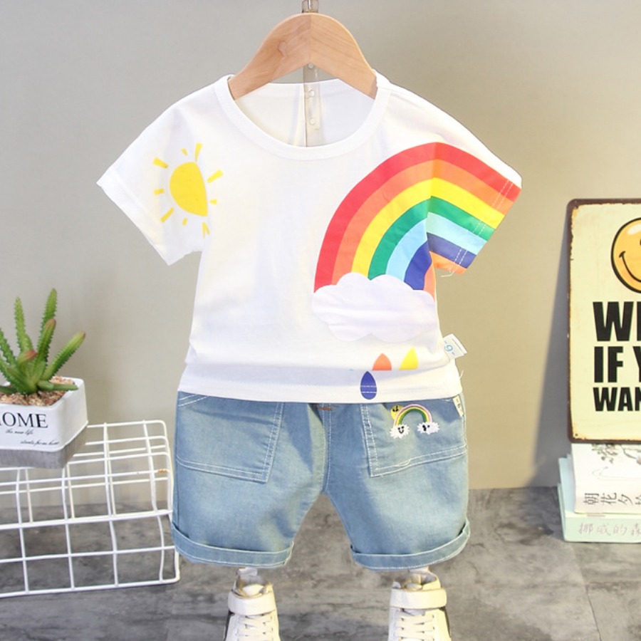 

Lovely Girl Casual O Neck Rainbow Stripe White Two Piece Shorts Set