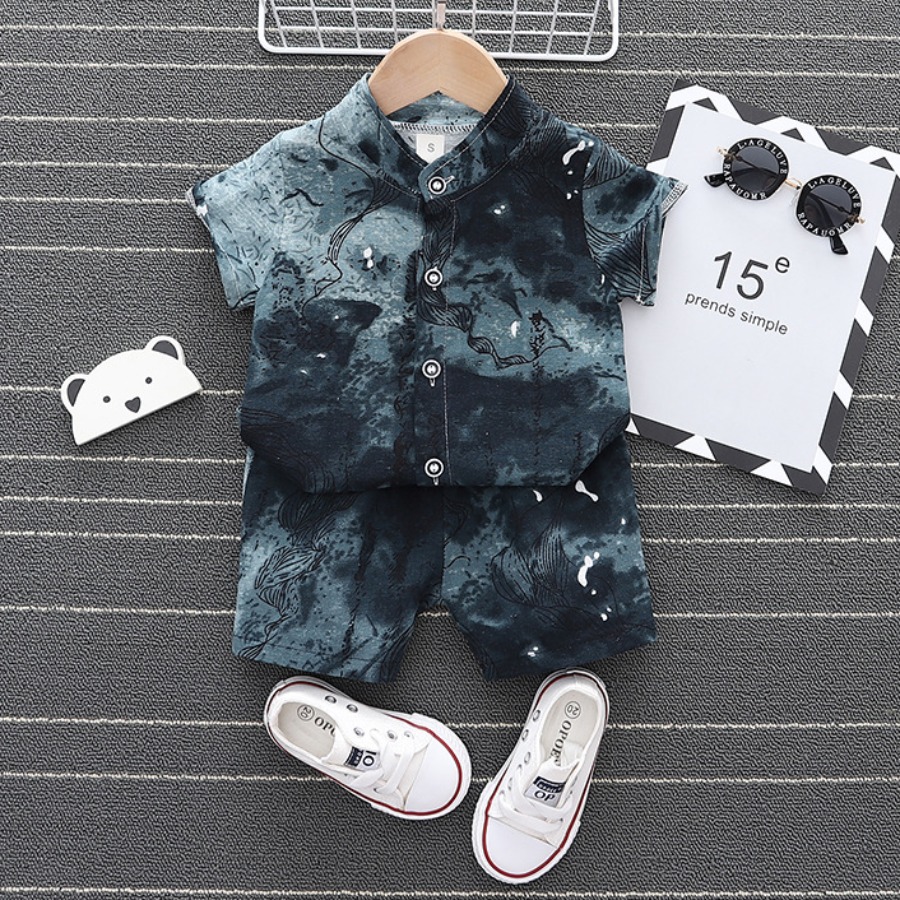 

Lovely Boy Boho Mandarin Collar Tie Dye Dark Green Two Piece Shorts Set