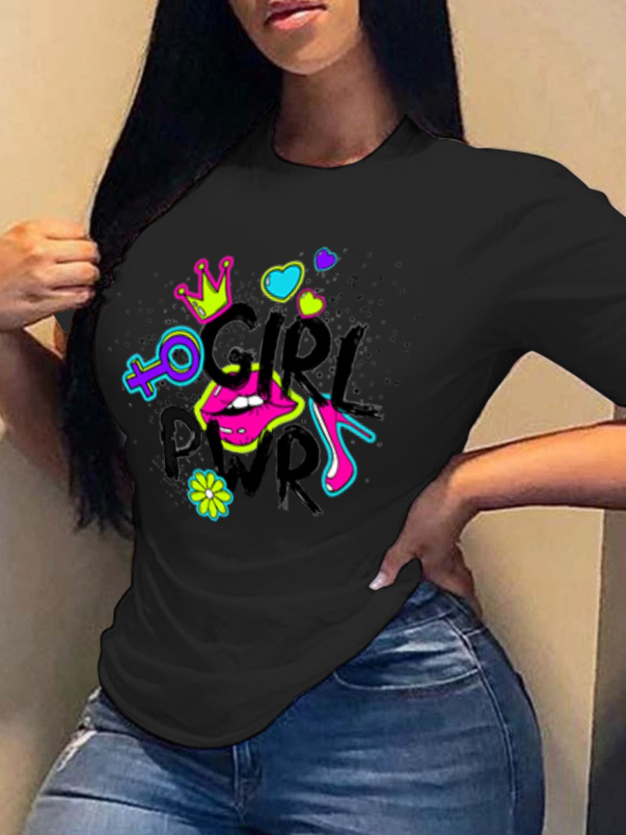 

Lovely Casual Lip Letter Print Black T-shirt