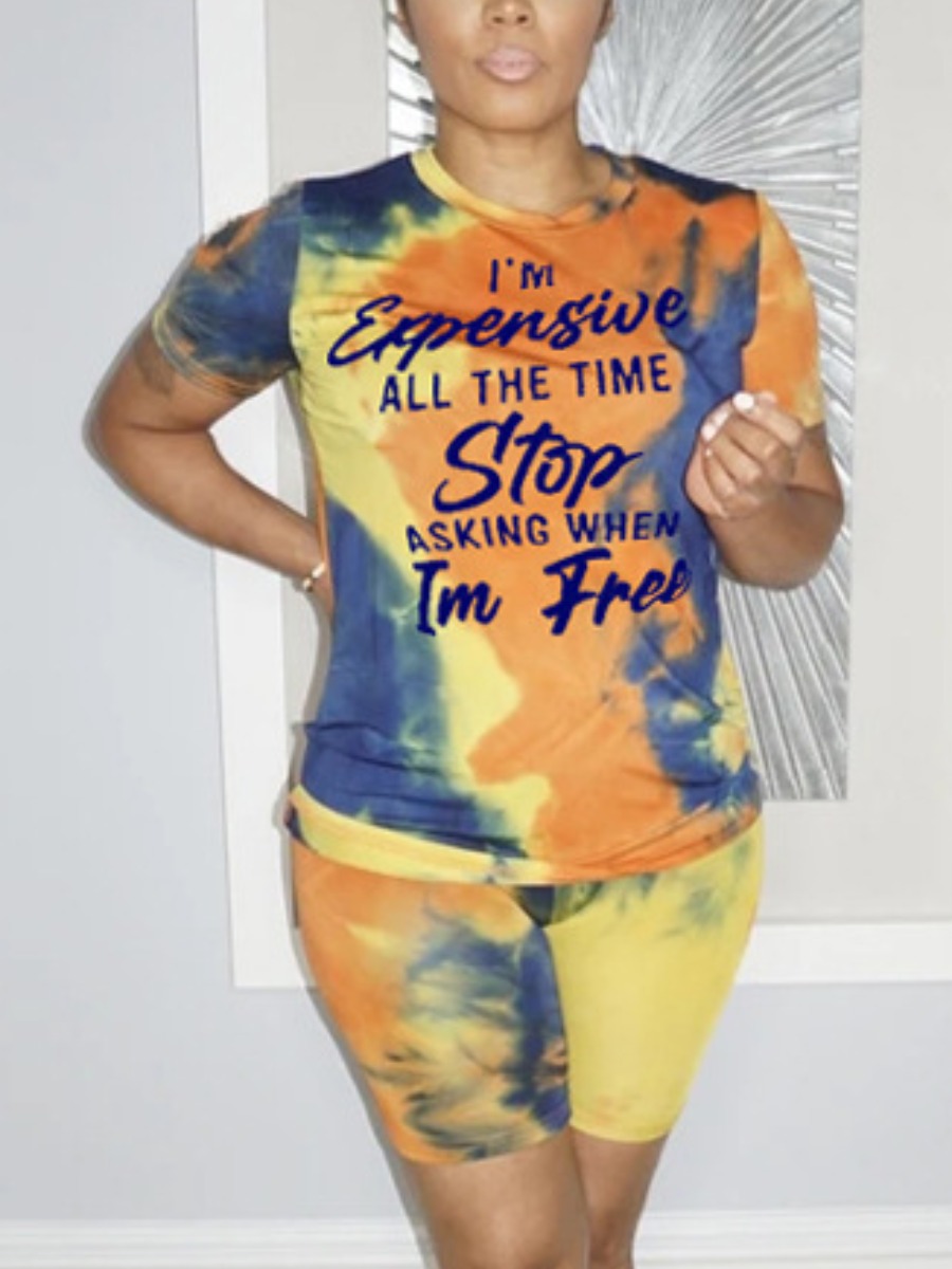 

Lovely Street Letter Print Tie Dye Blue Two Piece Shorts Set