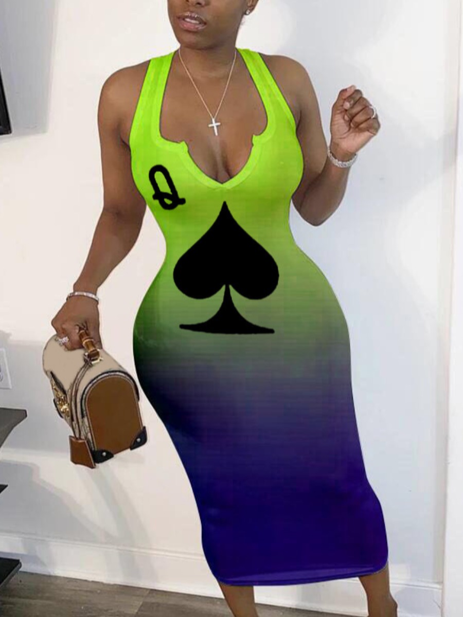 

Lovely Casual Gradient Letter Print Green Mid Calf Dress