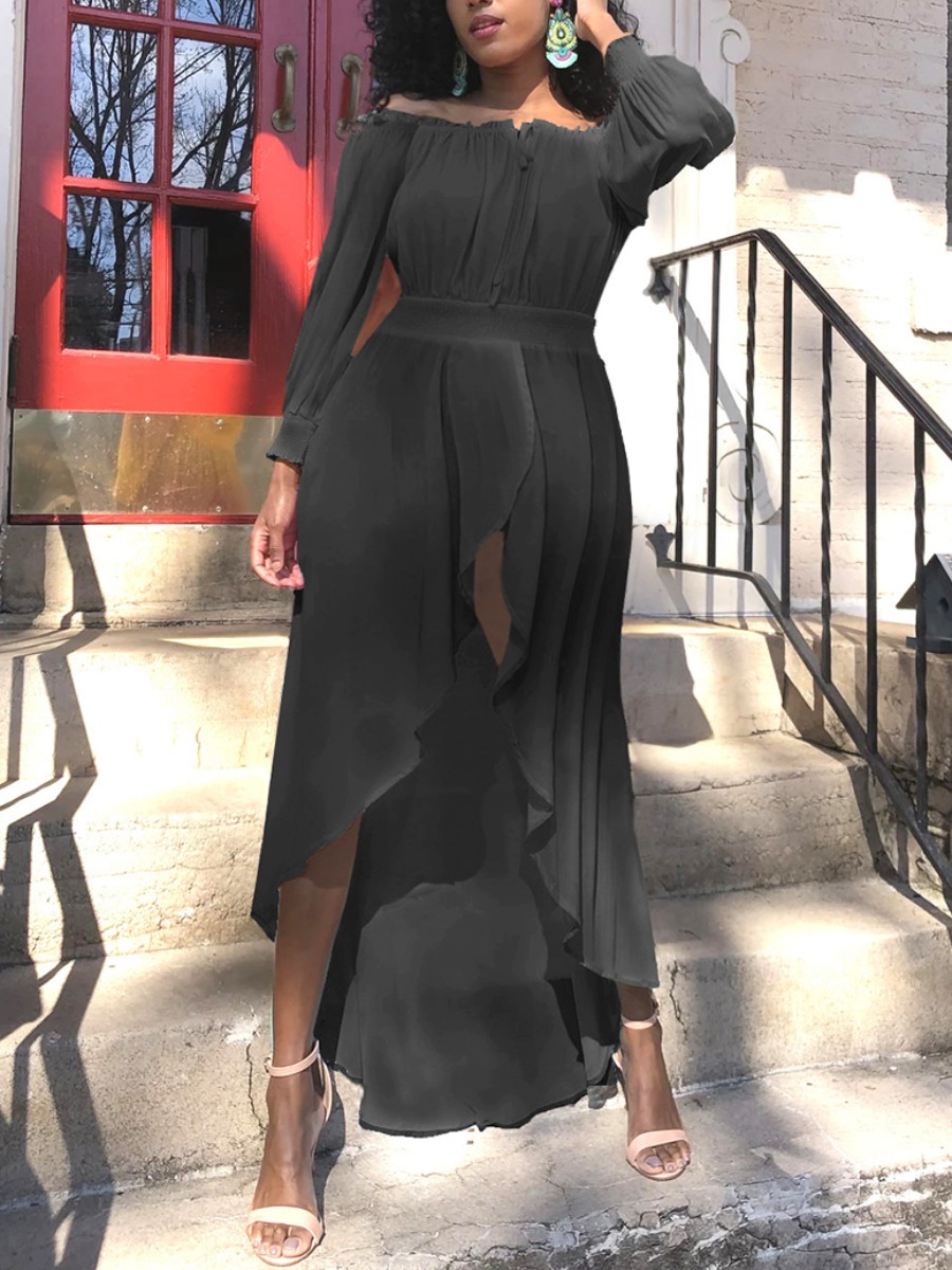

LW BASICS Plus Size Romantic Ruffle Design Black Ankle Length Asymmetrical Dress