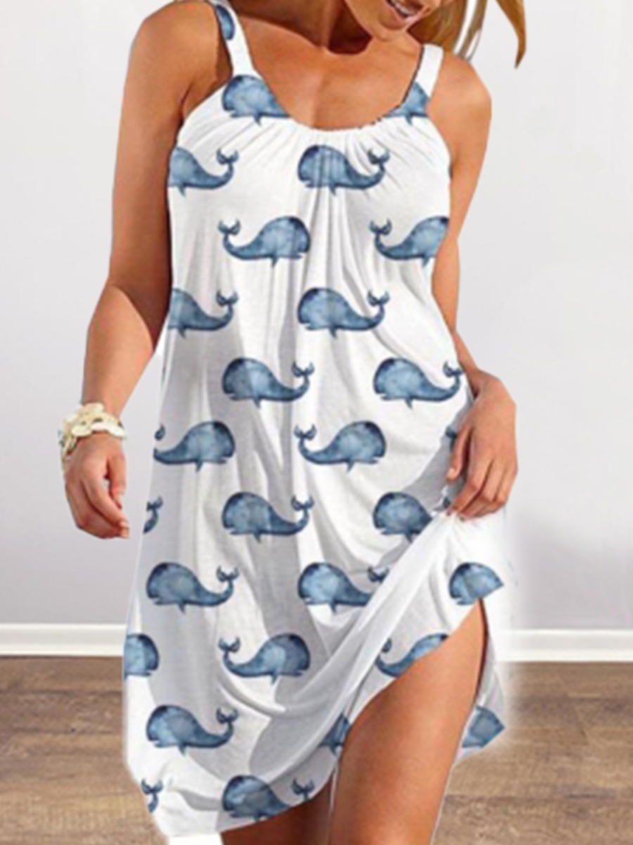 

Lovely Plus Size Casual Fish Print Patchwork White Mid Calf Dress