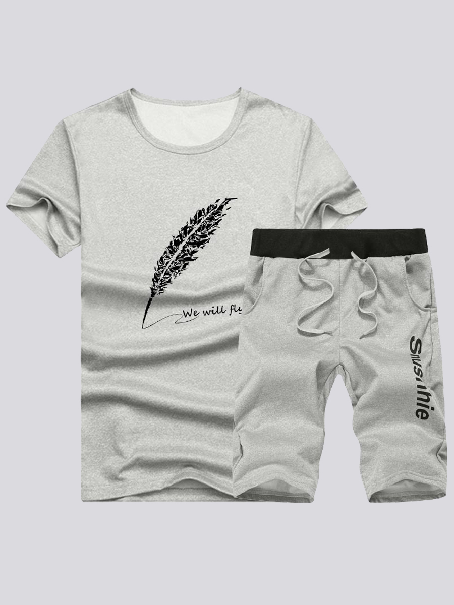 

Lovely Men Casual O Neck Letter Print Grey Two Piece Shorts Set