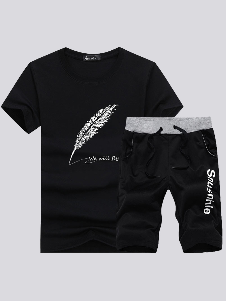 

Lovely Men Casual O Neck Letter Print Black Two Piece Shorts Set