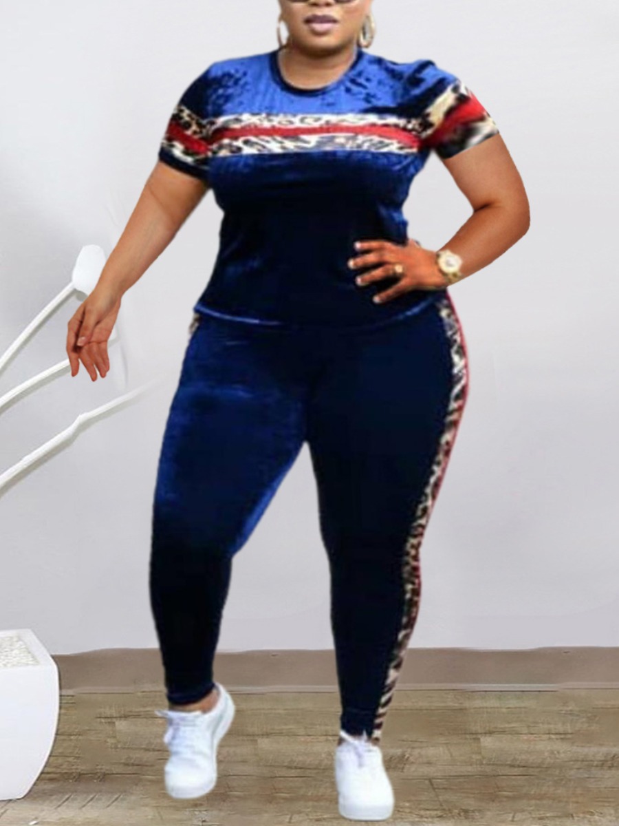 

Lovely Plus Size Polyester Casual Animal Print Regular sleeve Split joint Regular Short Sleeve O Neck Yes(Elastic) Stitching Way Two-piece Pants Set, Blue