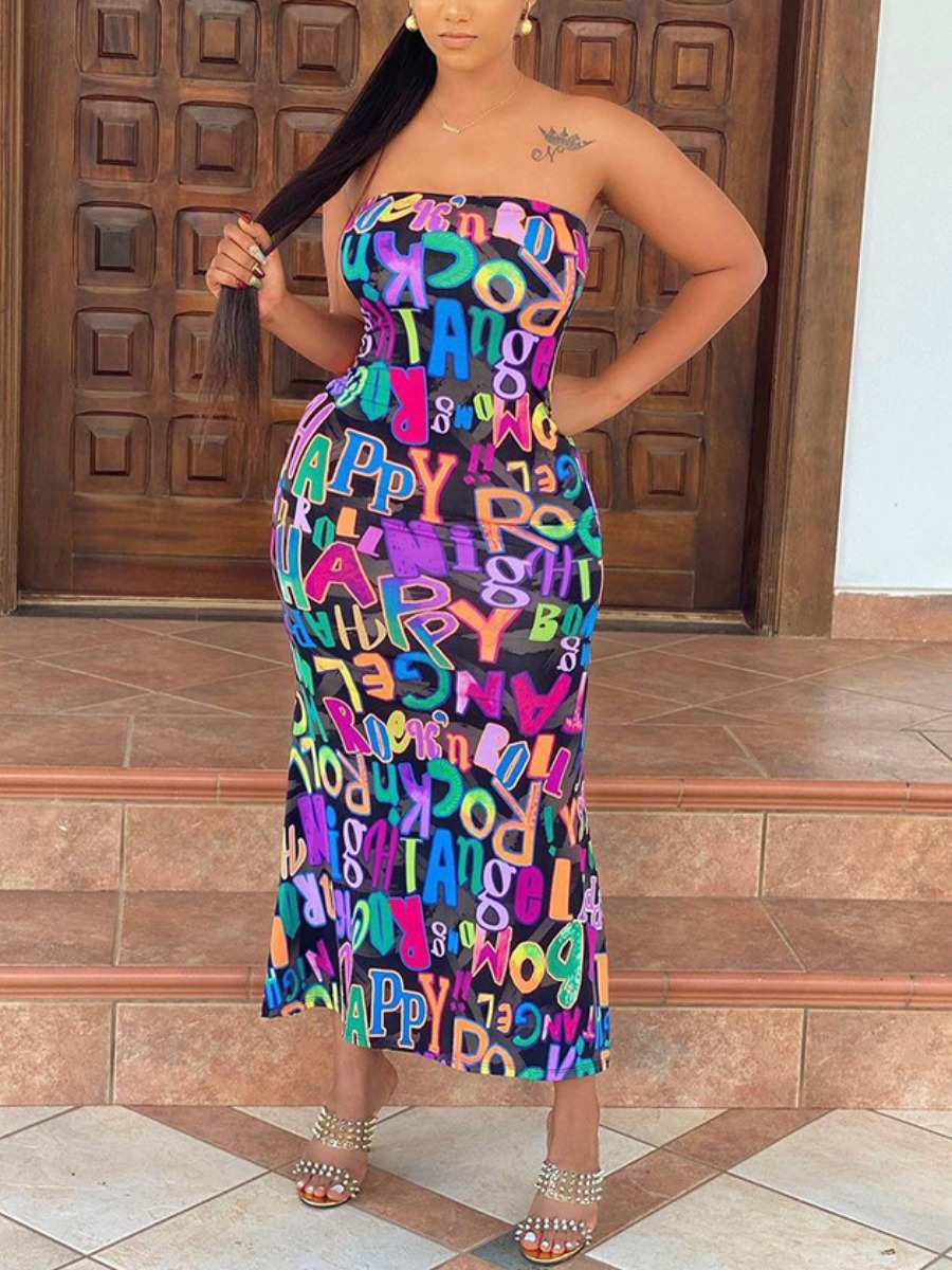 

Lovely Street Off The Shoulder Letter Print Black Ankle Length Dress