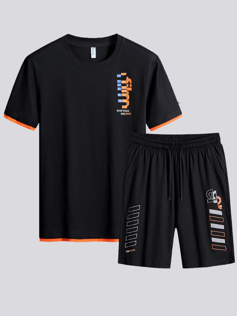 

Lovely Men Casual Letter Print Drawstring Black Two Piece Shorts Set