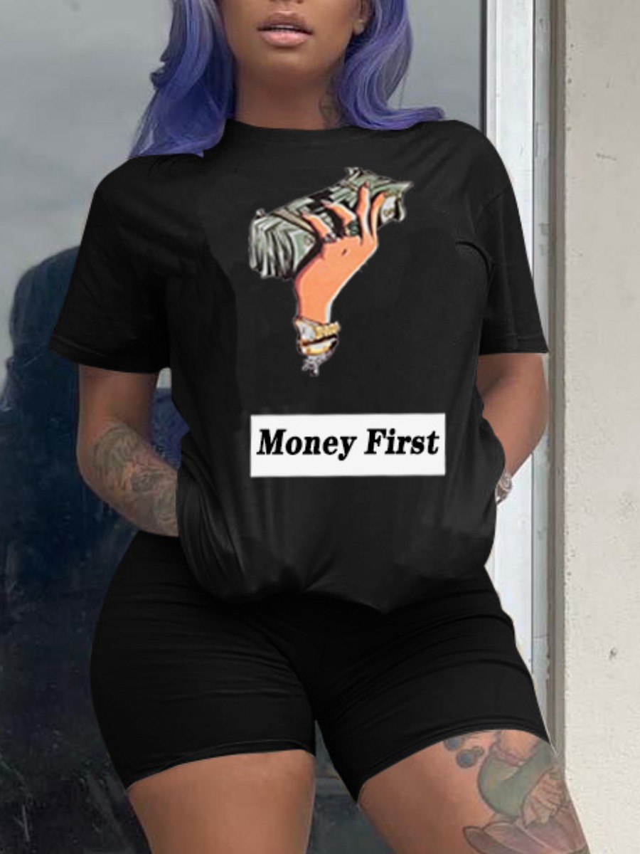 

LW Street Money Letter Print Black Two Piece Shorts Set