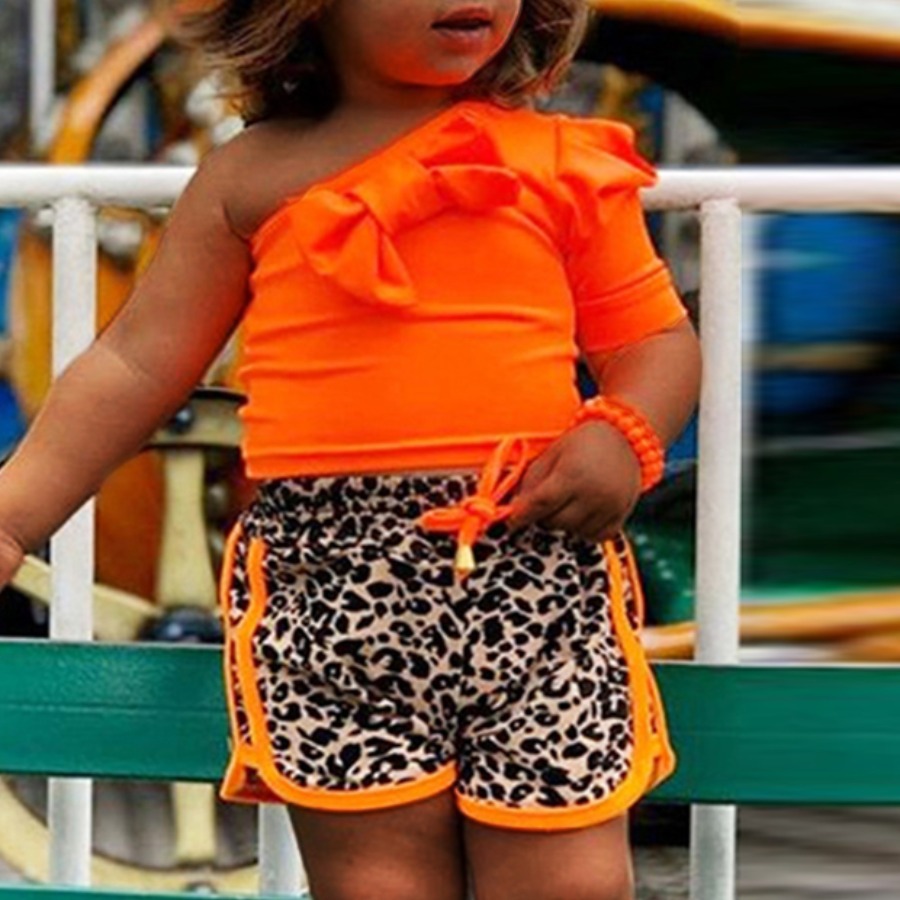 

Lovely Girl Casual Leopard Print Bow-tie Decoration Orange Two Piece Shorts Set