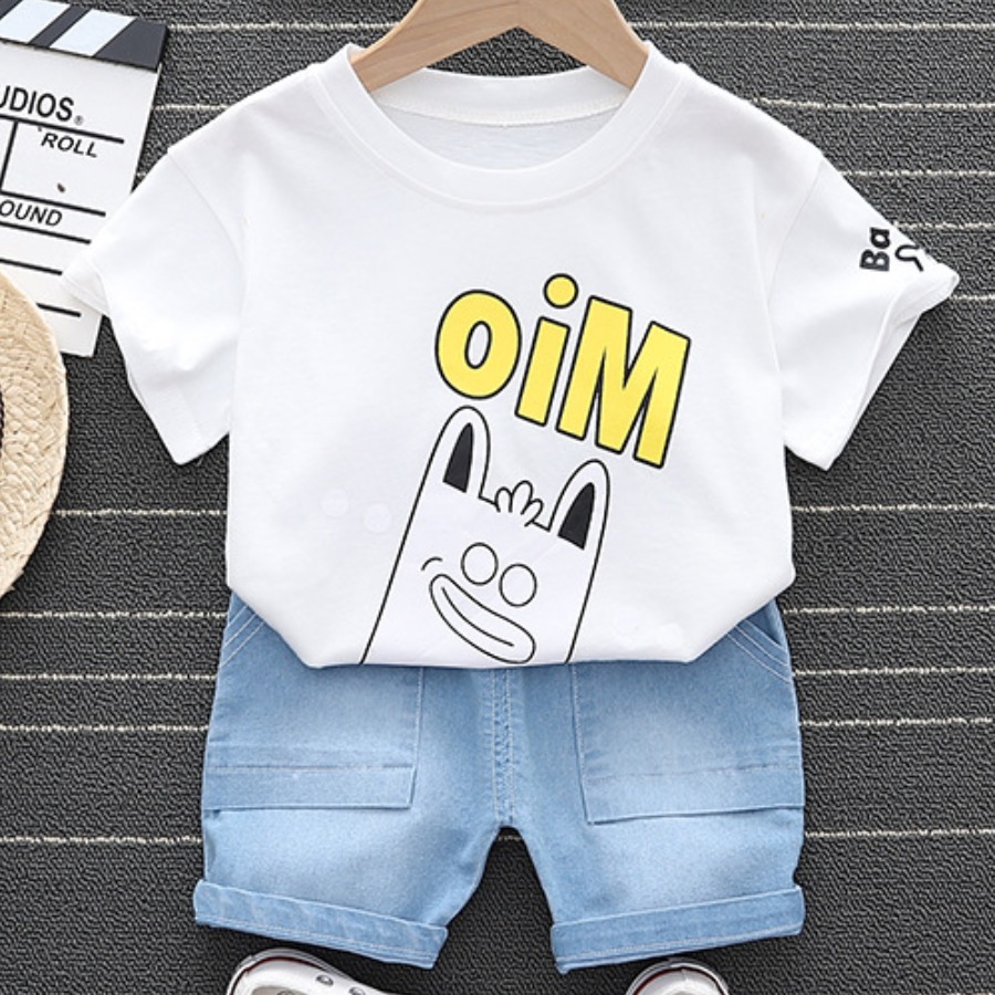 

Lovely Boy Casual Cartoon Letter Print White Two Piece Shorts Set