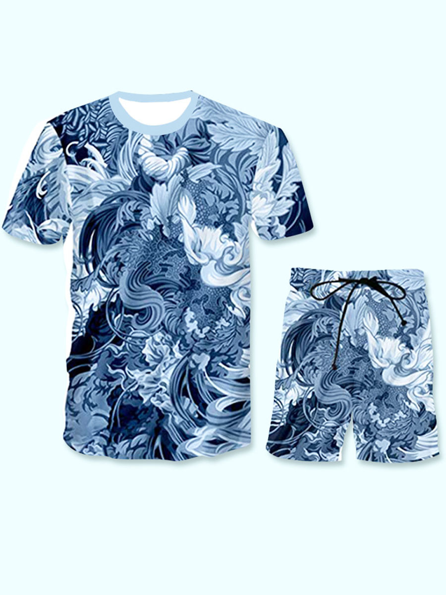 

Lovely Men Street Floral Print Drawstring Blue Two Piece Shorts Set