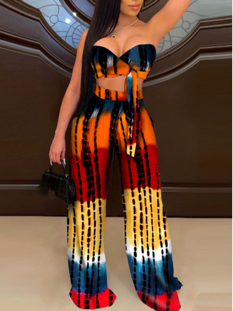 

Lovely Sweet Off The Shoulder Tie Dye Multicolor Two Piece Pants Set, Multi