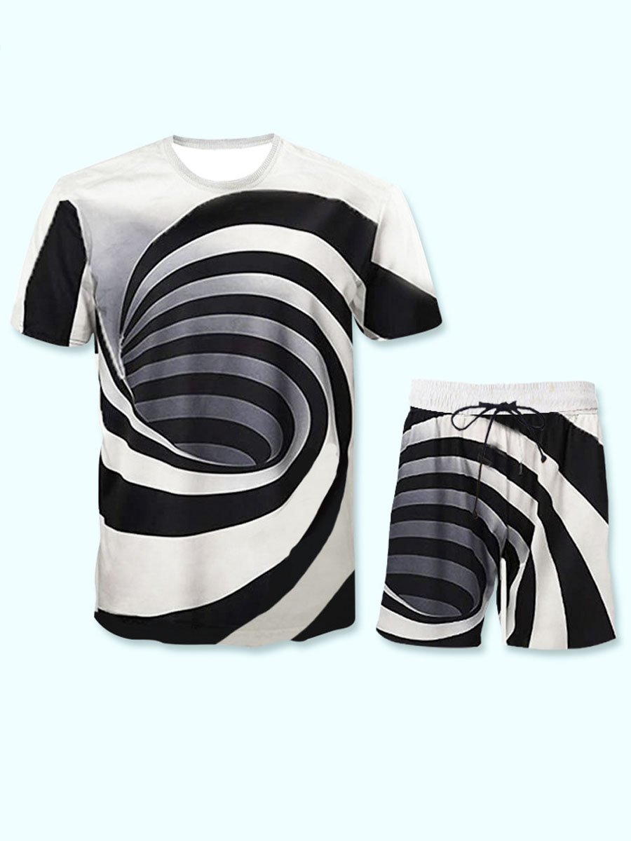 

Lovely Men Casual Geometric Print Drawstring White Two Piece Shorts Set