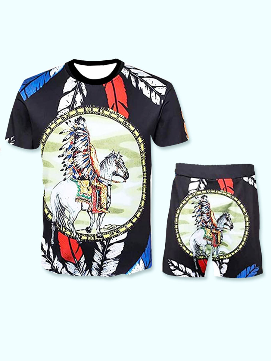 

Lovely Men Street O Neck Graffiti Print Black Two Piece Shorts Set