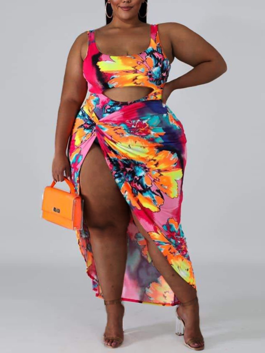 LW BASICS Plus Size Boho Print Hollow-out Multicolor One-piece Swimsuit(With Cover-up)