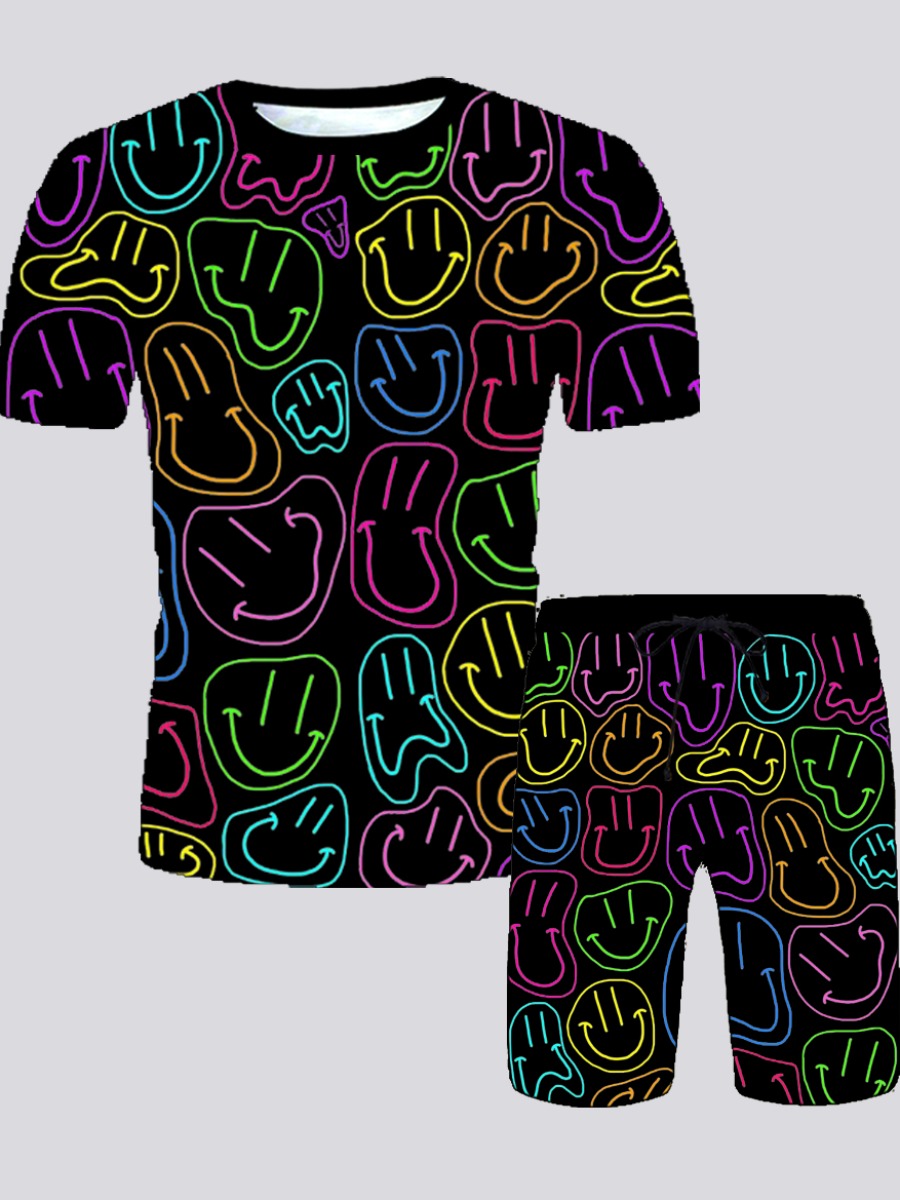 

Lovely Men Street O Neck Smiley Face Print Multicolor Two Piece Shorts Set, Multi