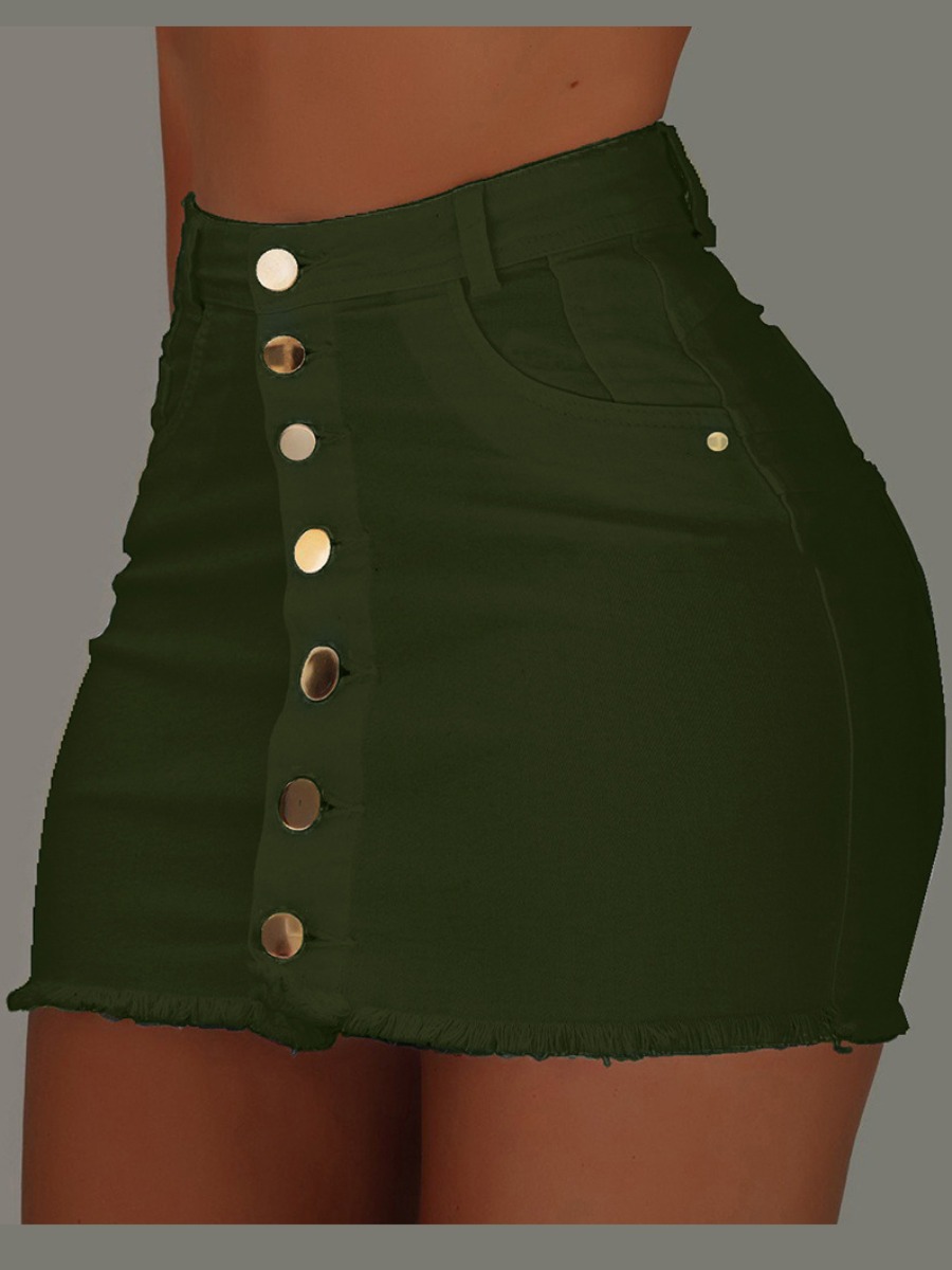 

Lovely Casual Button Design Raw Edge Green Mini Skirt