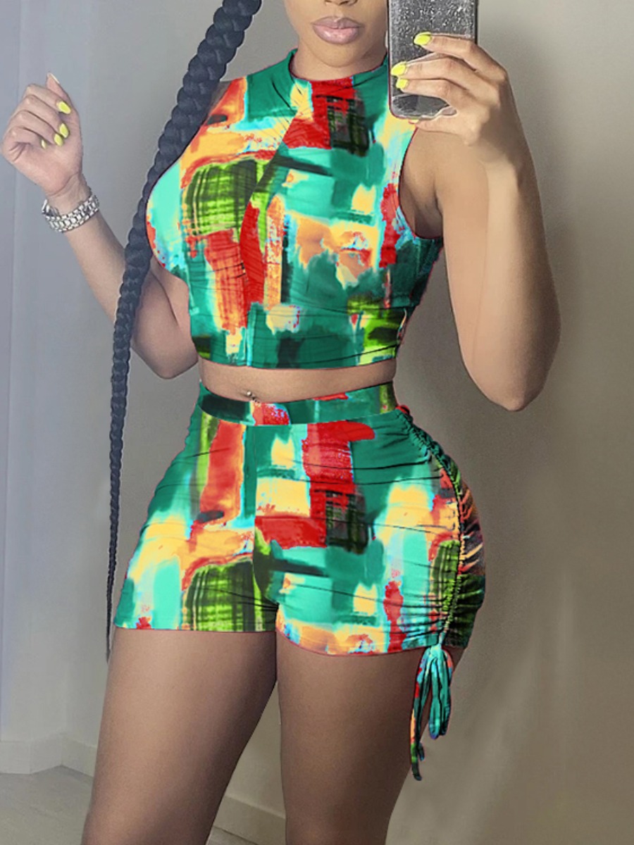 

LW Street Graffiti Print Drawstring Green Two Piece Shorts Set