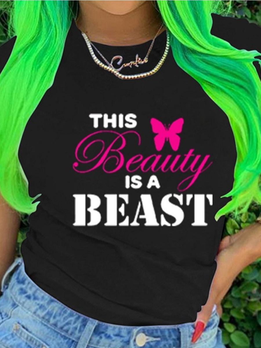 

Lovely Plus Size Casual Butterfly Letter Print Black T-shirt