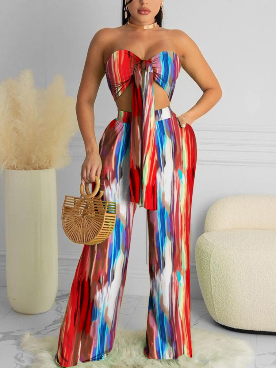 

Lovely Boho Graffiti Print Bandage Design Red Two Piece Pants Set
