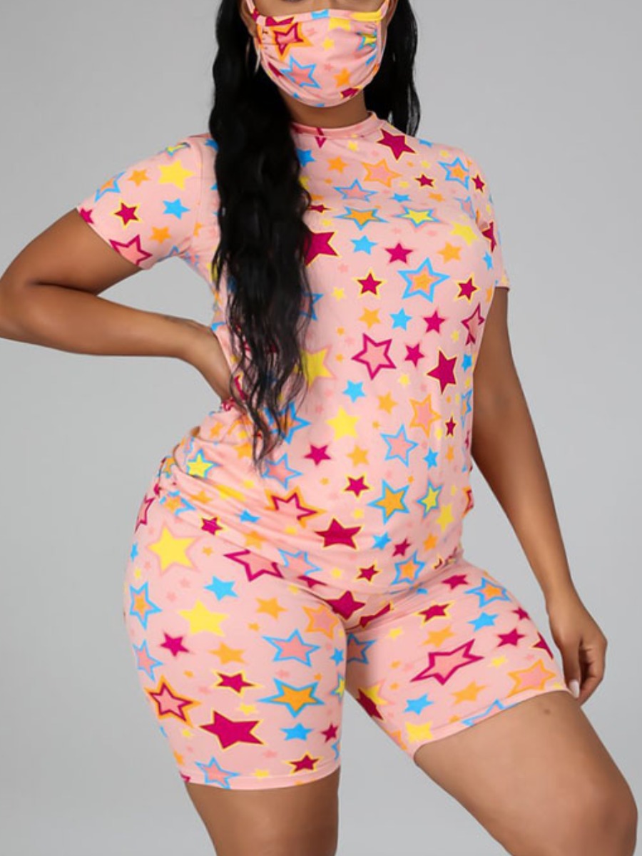 

Lovely Plus Size Casual O Neck Star Print Pink Two-piece Shorts Set(With Face Mask)