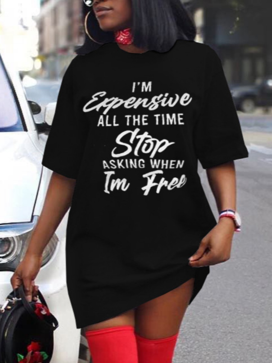 

Lovely Street O Neck Letter Print Black Mini Dress