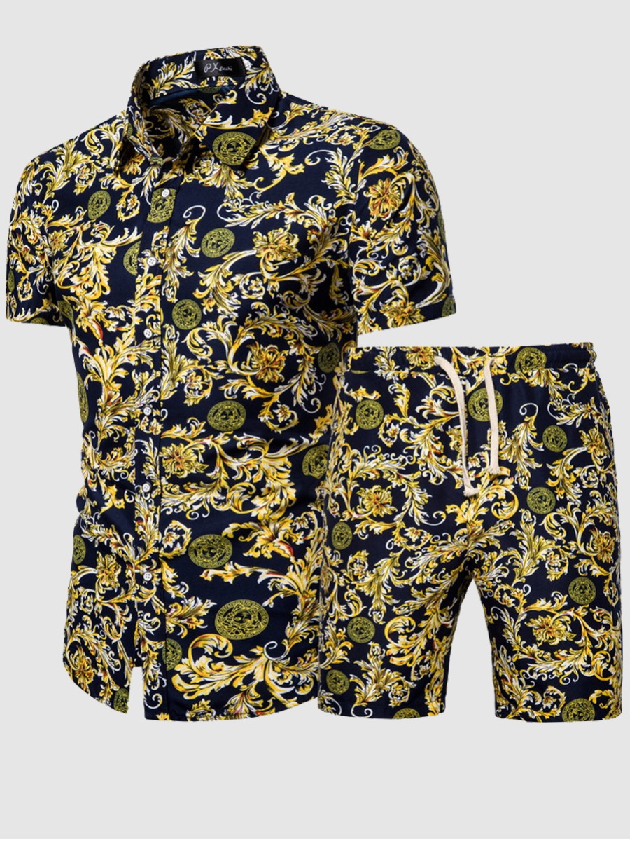 

LW Men Boho Floral Print Drawstring Gold Two Piece Shorts Set