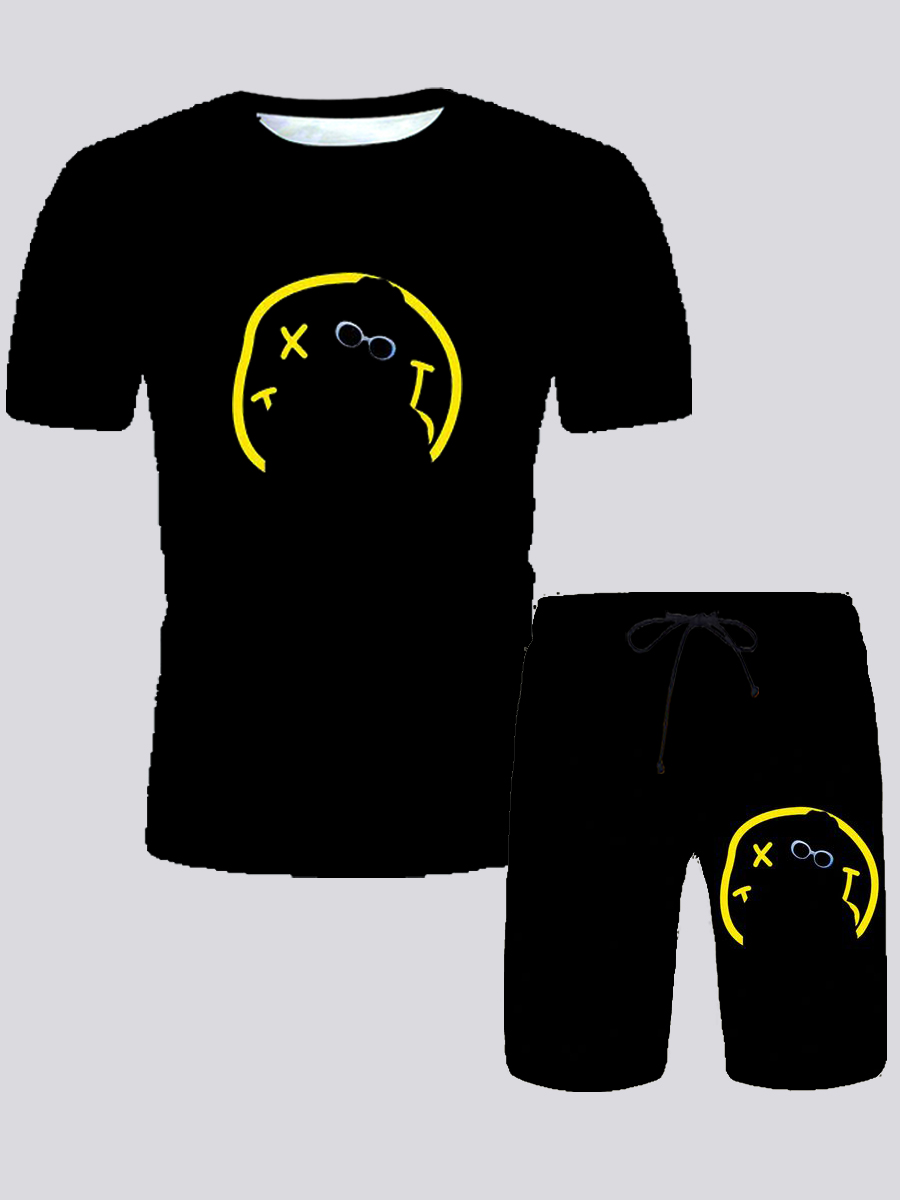 

Lovely Men Casual O Neck Print Drawstring Black Two Piece Shorts Set