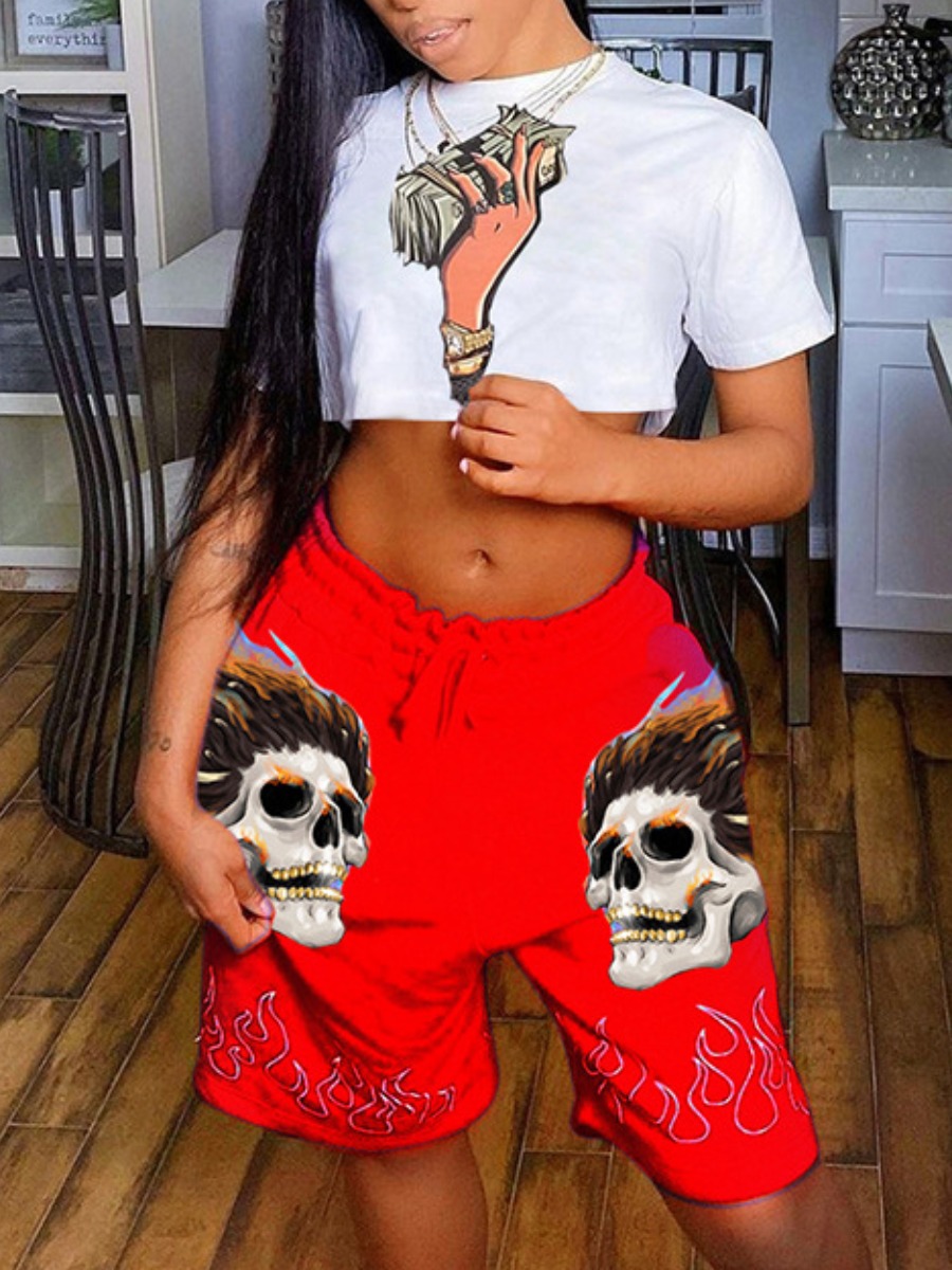 

Lovely Street Skull Head Money Print Red Two Piece Shorts Set
