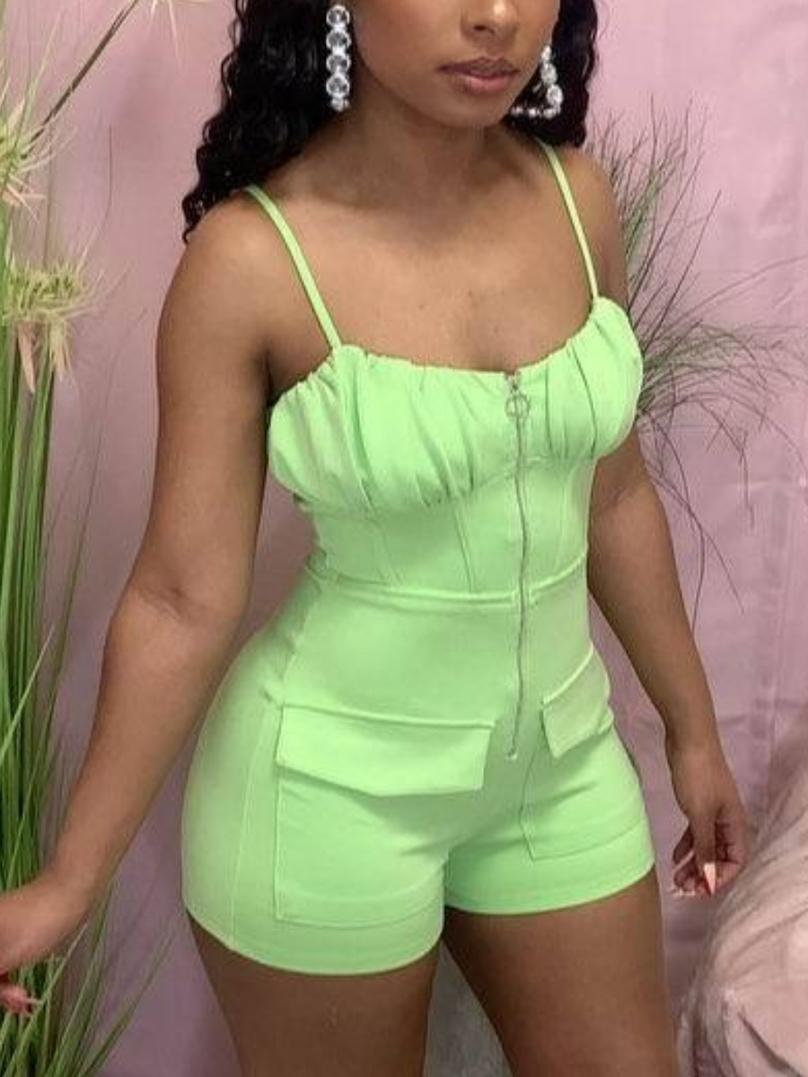 

Lovely Street Ruched Bust Pocket Design Green One-piece Romper