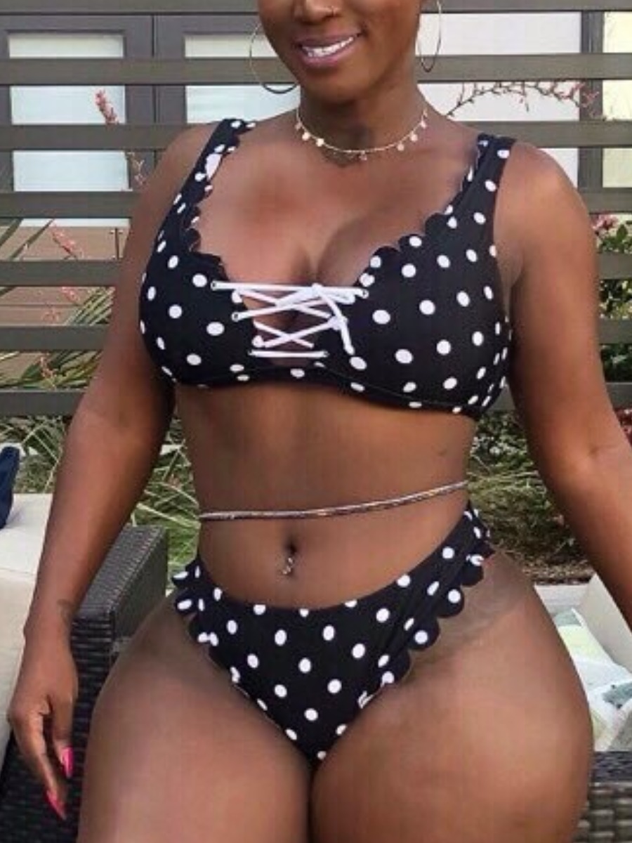 

Lovely Boho Dot Print Bandage Design Black Two-piece Swimsuit