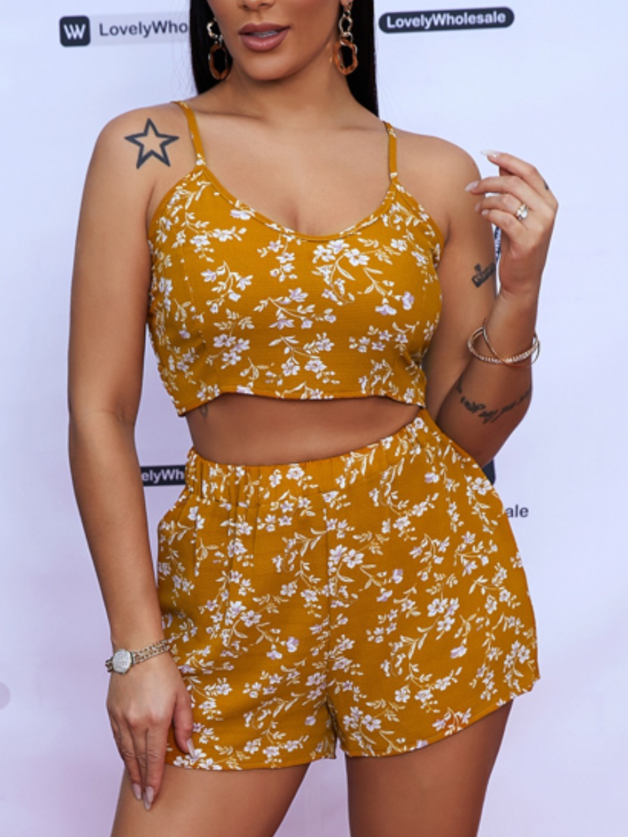 

Lovely Sweet U Neck Floral Print Yellow One-piece Romper