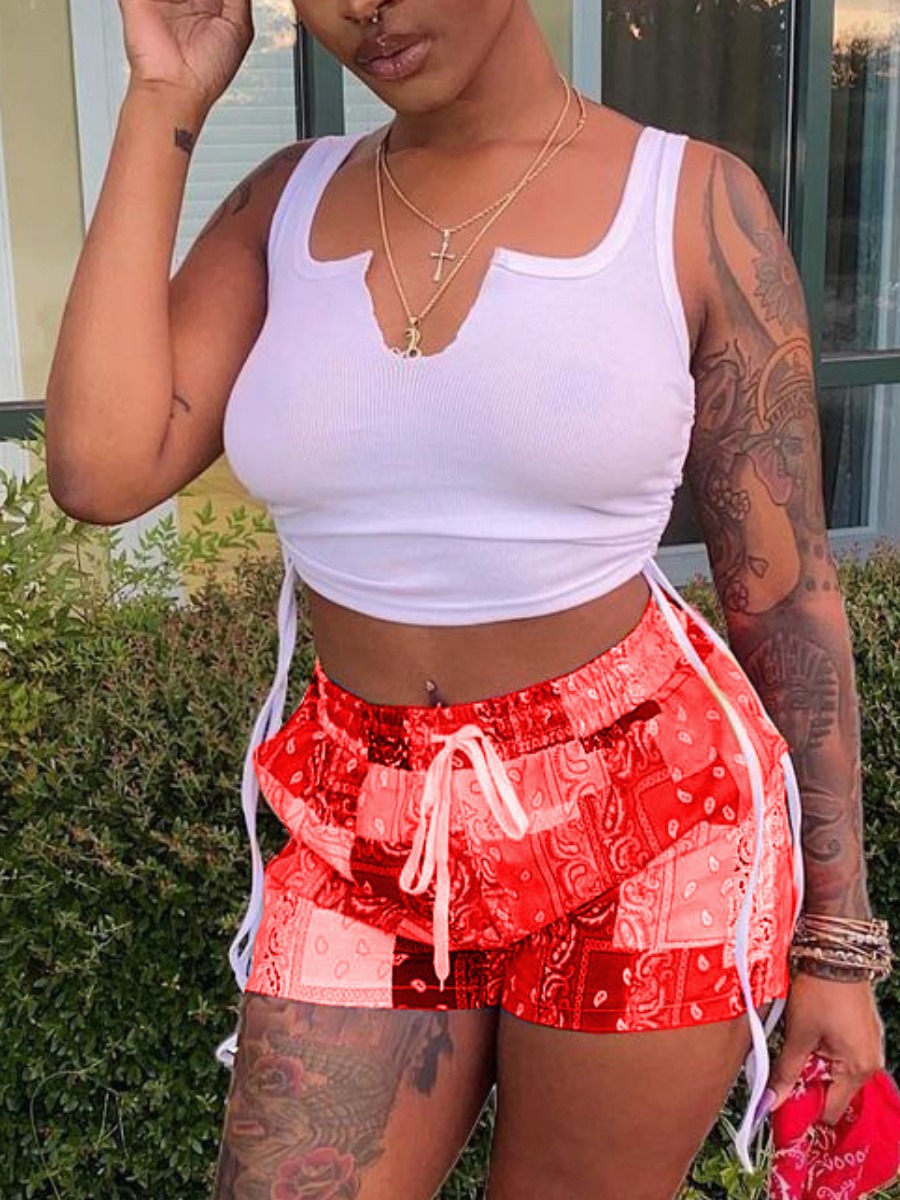 

Lovely Street Rib-Knit Cashew Print Drawstring Red Two Piece Shorts Set