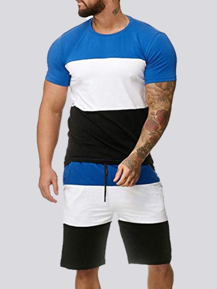 

LW Men Sporty Color-lump Patchwork Blue Two Piece Shorts Set