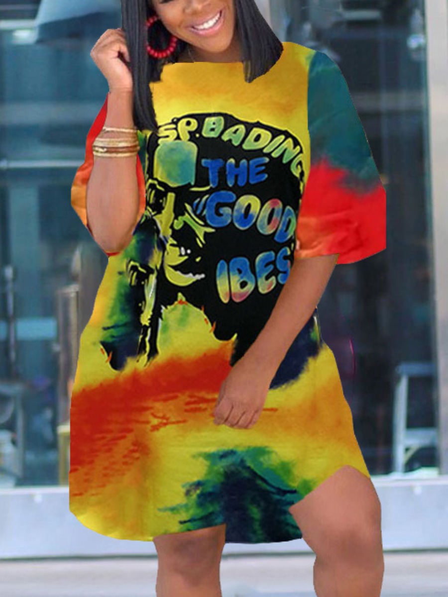 

Lovely Street Letter Print Tie-dye Yellow Knee Length Dress
